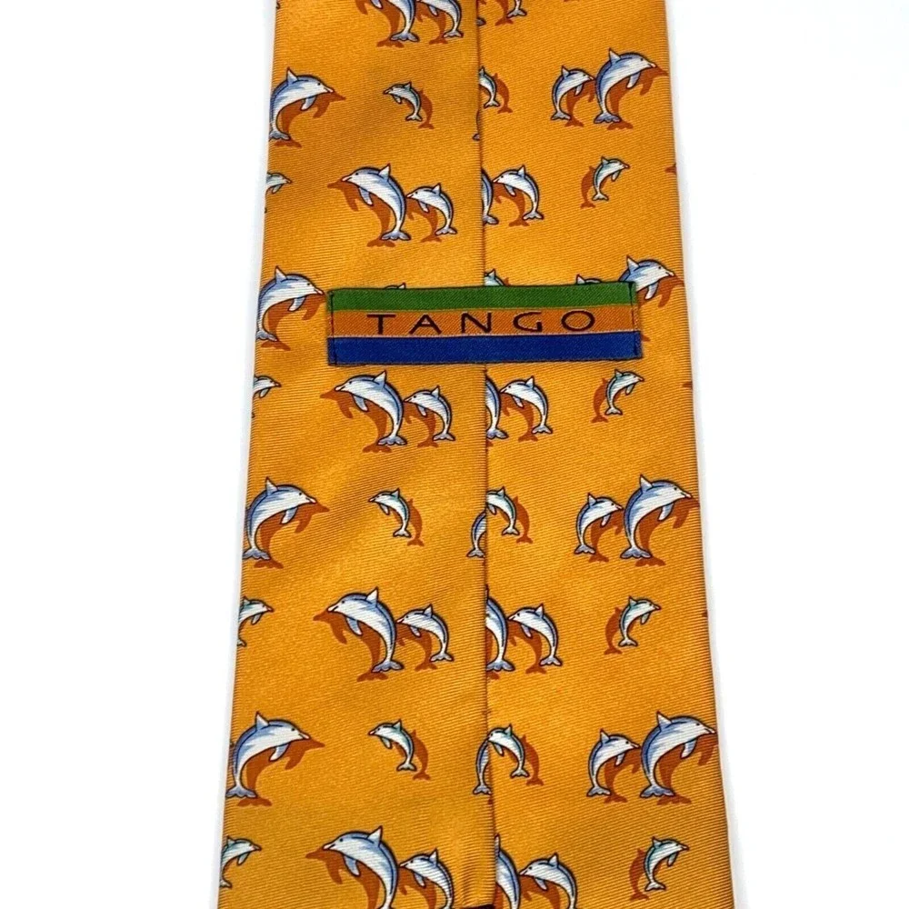 TANGO Tie Orange All Silk Marine Animal Dolphins Men's Necktie Made in Korea 58